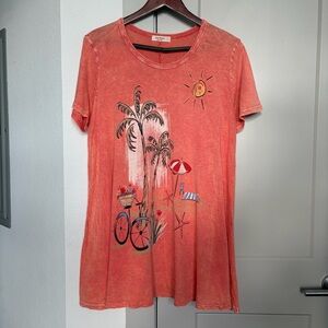 JESS AND JANE GRAPHIC CORAL BEACH PPALM TREE TUNIC TOP WOMENS LARGE
